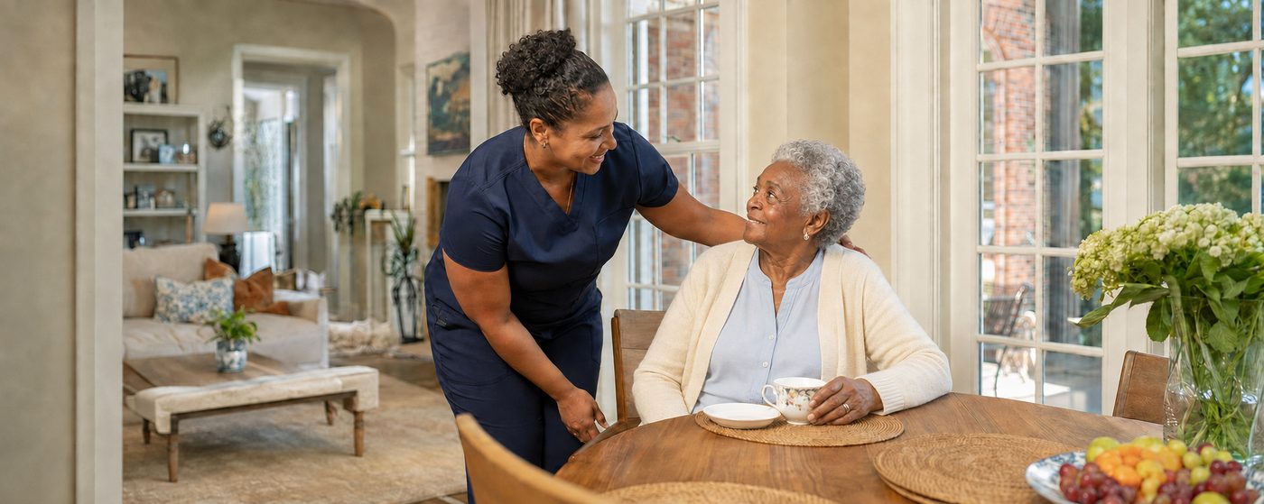 Caregiver sharing a warm conversation over coffee with a client - companionship care - American Allied Health Columbia SC