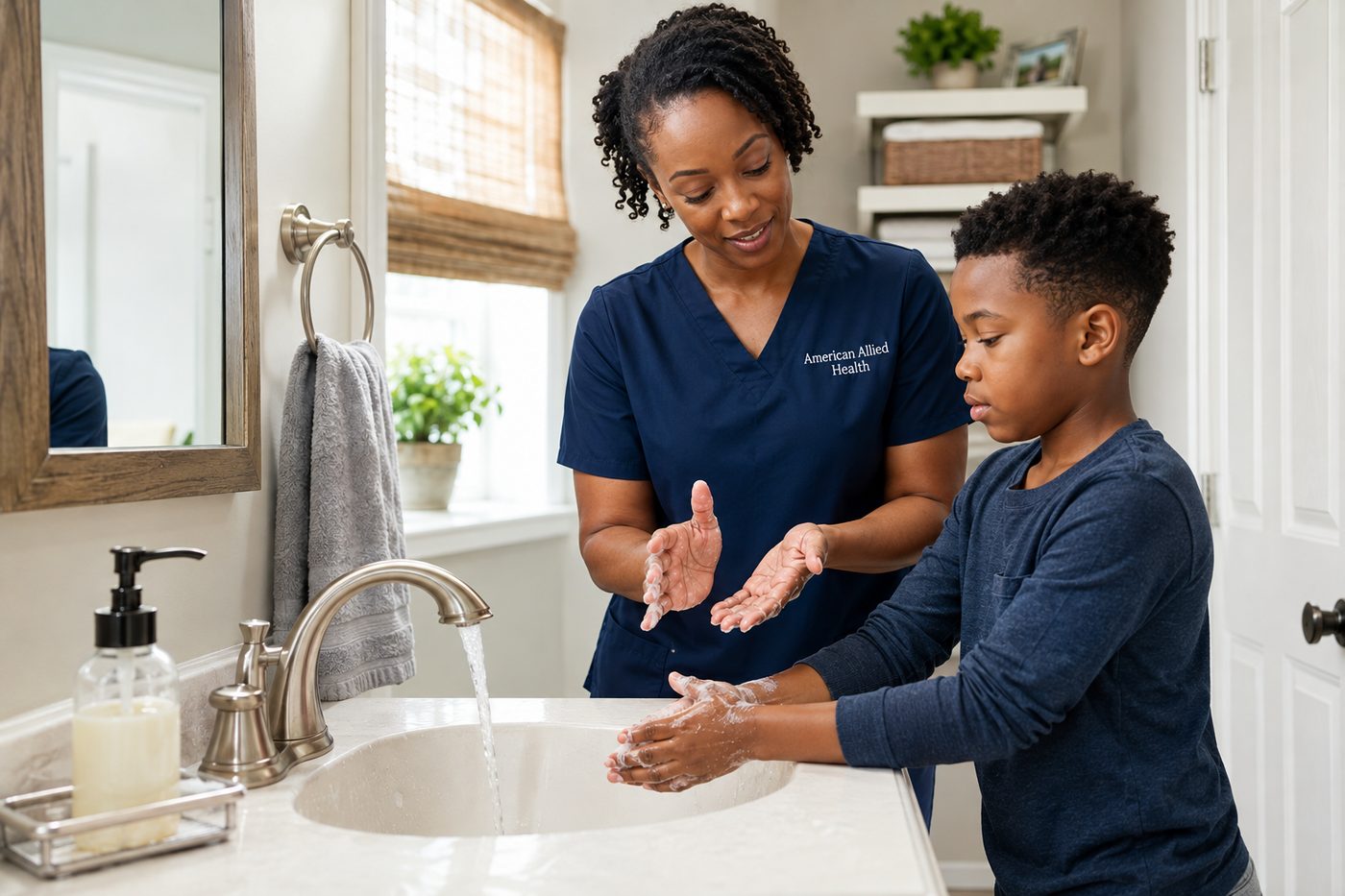 Caregiver teaching a child proper handwashing and hygiene skills - developmental support - American Allied Health Columbia SC