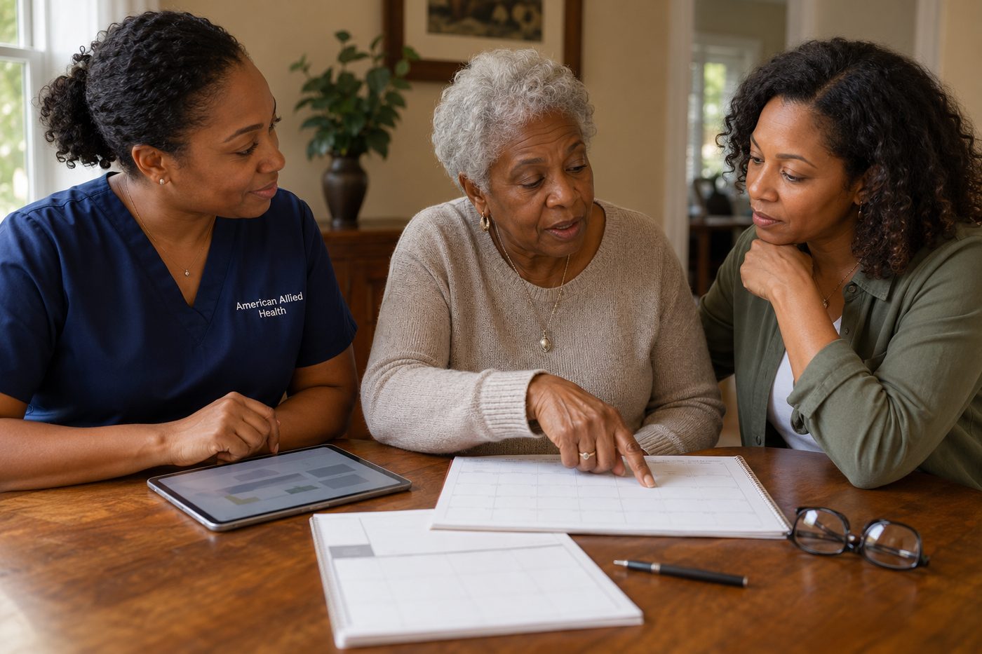 Caregiver helping a mother and daughter review a senior care planning calendar - American Allied Health Columbia SC